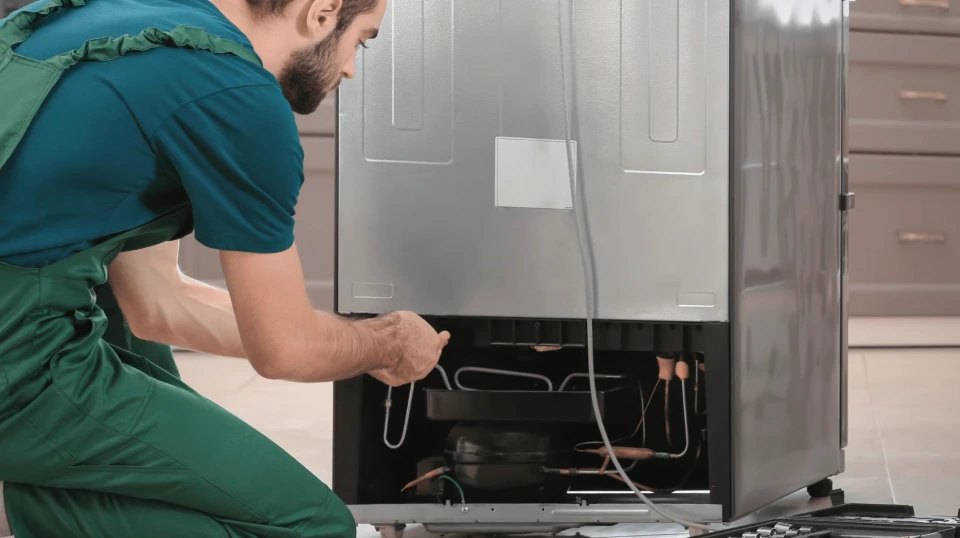 Technician diagnosing a refrigerator water system component